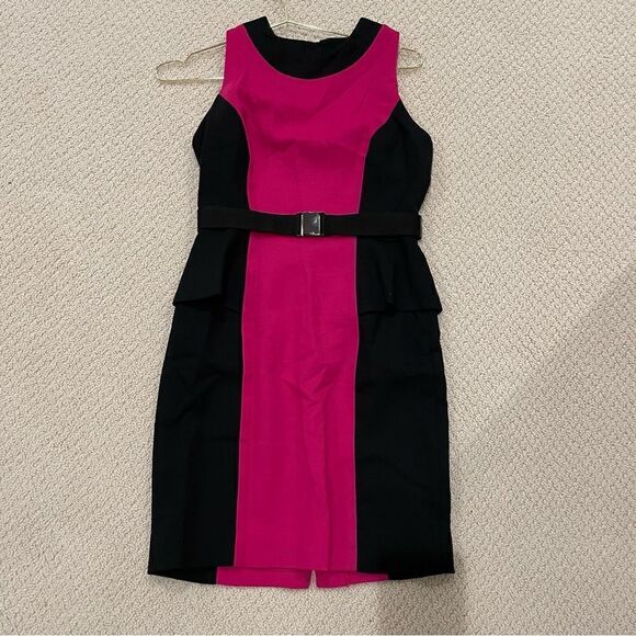 EUC MILLY OF NY | Doubleweave Olivia Belted Color Block Dress Sz 6 Pink/Black - Picture 2 of 6